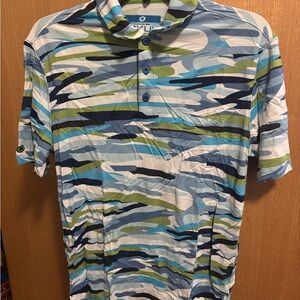 IBKUL Men's Blue and Green Patterned Polo Shirt